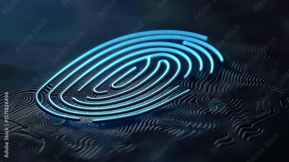 Poster biometric security: an illuminated fingerprint glows on a high-tech circuit, symbolizing advanced bi