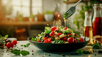 In a clean studio setting, a realistic photograph captures a salad bowl bursting with tomatoes, cucumbers, greens, and more—each vegetable glowing with freshness and texture under soft, professional l