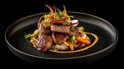 A cinematic close-up of grilled beef medallions stacked over sautéed vegetables, glazed to perfection, garnished with microgreens and a yellow curry swirl, plated on black ceramic in elegant fine-dini