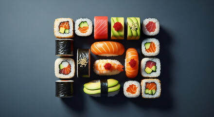 Assortment of sushi pieces arranged neatly on a dark surface. There are various types of sushi, including rolls and nigiri, featuring ingredients such as salmon, tuna, avocado, and rice.