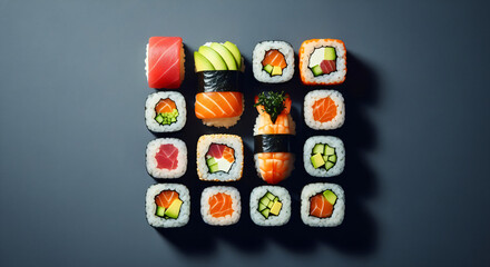 Various sushi pieces on a dark surface. There are different types of sushi, including rolls and nigiri, featuring ingredients like tuna, salmon, avocado, and cucumber.