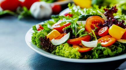 In a clean studio setting, a realistic photograph captures a salad bowl bursting with tomatoes, cucumbers, greens, and more—each vegetable glowing with freshness and texture under soft, professional l