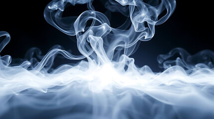 Fototapeta premium Wisps of ethereal blue smoke elegantly swirl and dance against a dark backdrop