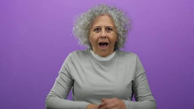 Middle-aged woman with grey hair against a purple background expressing surprise in casual attire.