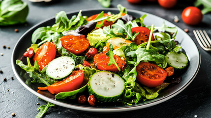A studio-captured, realistic photograph features a fresh salad bowl filled with colorful garden vegetables, perfectly lit to highlight textures, natural colors, and the wholesome vibrancy of healthy, 