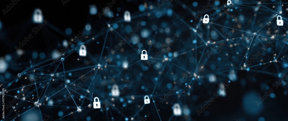 Poster illustration of interconnected nodes with padlock icons, representing the network security and data 