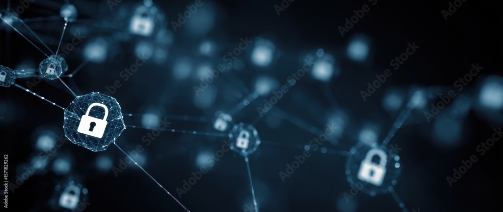 Poster a digital illustration depicting interconnected nodes with padlock icons, representing network secur