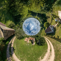 creative tiny planet photo of a rural landscape with dirt road, green fields, and cloudy sky...