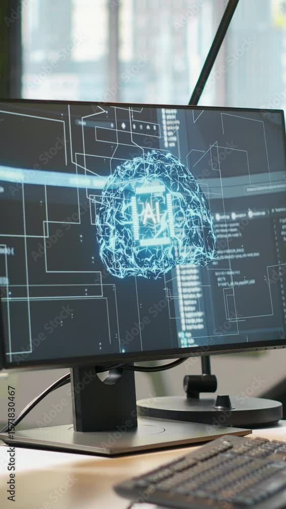 Poster vertical video empty startup office with artificial intelligence program running on pc monitors used