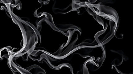 Wispy white smoke gracefully dances against a stark black backdrop, creating an ethereal atmosphere
