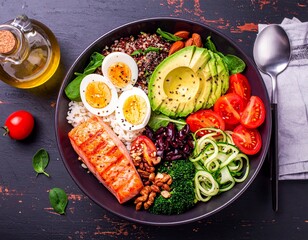 Low-carb meal spread with grilled salmon, eggs, avocado, nuts, leafy greens, and olive oil on a rustic table. Bright, natural light highlights fresh, healthy ingredients.