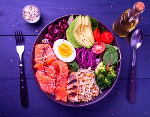 Low-carb meal spread with grilled salmon, eggs, avocado, nuts, leafy greens, and olive oil on a rustic table. Bright, natural light highlights fresh, healthy ingredients.