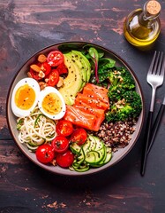 Low-carb meal spread with grilled salmon, eggs, avocado, nuts, leafy greens, and olive oil on a rustic table. Bright, natural light highlights fresh, healthy ingredients.
