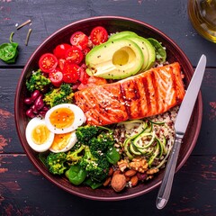 Low-carb meal spread with grilled salmon, eggs, avocado, nuts, leafy greens, and olive oil on a rustic table. Bright, natural light highlights fresh, healthy ingredients.