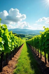 Fototapeta premium Sun-Drenched Vineyard Rows Await Harvest Lush Grapes Promise a Rich Vintage