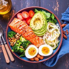 Low-carb meal spread with grilled salmon, eggs, avocado, nuts, leafy greens, and olive oil on a rustic table. Bright, natural light highlights fresh, healthy ingredients.