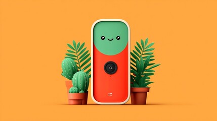 Cute home security camera system product design with smiling face and potted plants on orange background halloween concept
