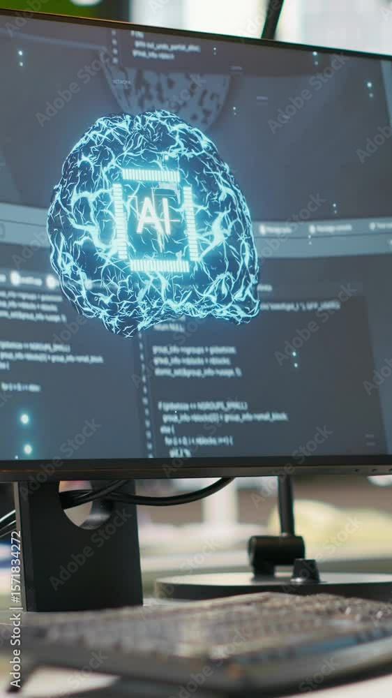  vertical video pc display on startup office desk showing artificial intelligence programming languag