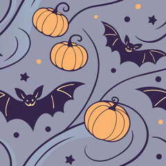 Playful Halloween seamless pattern featuring bats, pumpkins, stars, and swirls on a dark purple background. Ideal for spooky party decor, seasonal textiles, and festive packaging.