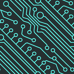 Futuristic seamless pattern with glowing neon blue circuit board lines on black. Perfect for tech backgrounds, cyberpunk designs, electronics branding, and sci-fi interfaces.