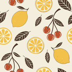 Seamless Retro Fruit Pattern: A seamless retro fruit pattern with lemons, cherries, citrus slices, and leaves, ideal for vintage-inspired kitchen decor, textiles, and summer-themed designs.