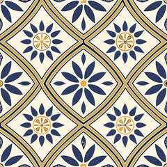 Seamless Moroccan Tile Pattern: A seamless Moroccan tile pattern with an intricate blue and gold floral motif, perfect for elegant home decor, wallpapers, textiles, and Mediterranean-inspired designs.