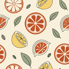 A seamless retro citrus pattern with orange and lemon slices and green leaves, ideal for kitchen textiles, fresh summer decor, and cheerful backgrounds.