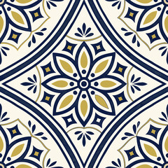 A seamless Moroccan tile pattern with blue, gold, and cream diamond floral motifs for a classic, elegant look—perfect for wallpaper, luxury textiles, and Mediterranean-inspired decor.