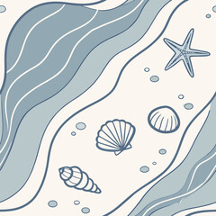 Minimal seamless pattern in blue and white, featuring hand-drawn waves, starfish, and shells. Great for modern beach decor, packaging, and textiles.