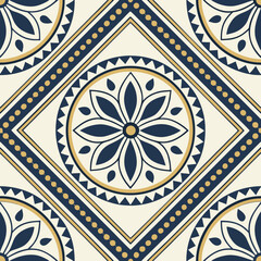 Seamless Moroccan-inspired tile pattern with floral diamond motifs in blue and cream. Perfect for vintage wallpaper, kitchen backsplashes, and luxury textiles.