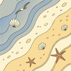 Whimsical seamless pattern with starfish, shells, and wavy sand in warm coastal tones. Great for kids’ decor, summer products, and playful stationery.