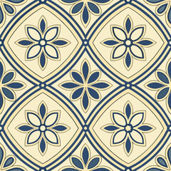Timeless seamless Moroccan tile pattern with blue and beige petals and geometric shapes. Suitable for backgrounds, home interiors, and elegant product packaging.