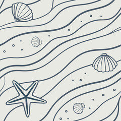 Elegant seamless beach pattern with minimalist line art of starfish and shells on wavy lines. Perfect for stationery, fabric, and modern beach-inspired decor.