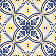 Stylish seamless Moroccan tile pattern in blue and yellow with ornate floral elements. Ideal for Mediterranean-inspired interiors and decorative surfaces.