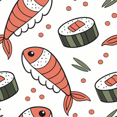 Sushi Roll Repeating Pattern – Playful and Colorful: Fun seamless pattern with hand-drawn sushi rolls, fish, and playful dots. Great for kitchen textiles, children’s products, and creative packaging.