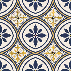 Moroccan Tile Seamless Pattern: Luxurious seamless Moroccan tile pattern in blue, beige, and gold with intricate floral details. Ideal for elegant wallpapers, textiles, and interior design.