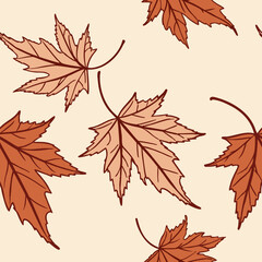 Seamless pattern of hand-drawn maple leaves in warm orange and brown on a creamy background; ideal for fall-themed projects, stationery, and home decor.