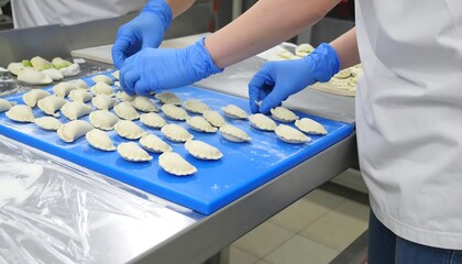 Dumplings being arranged by gloved hands