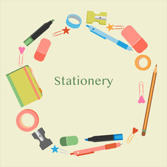 Stationery set, circular composition of pens, pencils, erasers, notebooks and clips. For school supplies design and education themes.