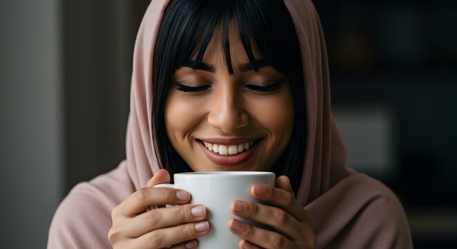 Smiling woman wearing a hijab enjoys a warm beverage in a cozy setting