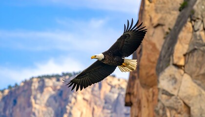 Obraz premium Eagle soaring, cliffs in background, bright sky