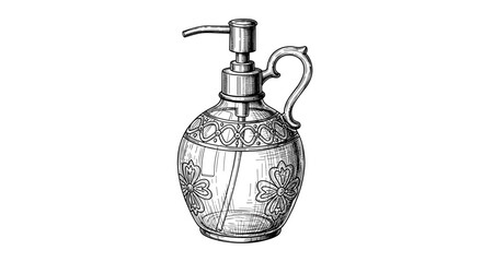 Obraz premium Vintage sketch doodle antique lotion dispenser bottle, black line art, white background