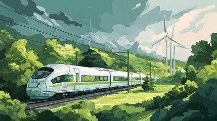 High-speed train travels through lush green landscape with wind turbines.