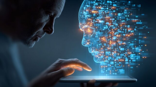 Artificial intelligence ai digital human face technology man tablet future innovation concept halloween concept