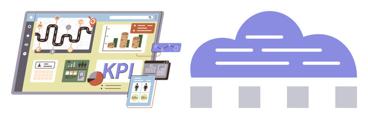Dashboard displaying KPI metrics, analytics, and data visualizations next to abstract cloud storage graphic. Ideal for data analysis, business management, cloud computing, performance monitoring, big