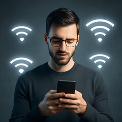 Mężczyzna korzystający ze smartfona z ikonami Wi-Fi w tle – technologia, łączność i komunikacja
