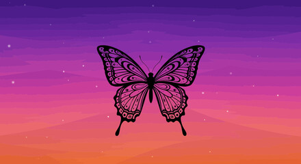 Mystical Butterfly Silhouette Against a Vibrant Sunset Sky with Sparkling Stars