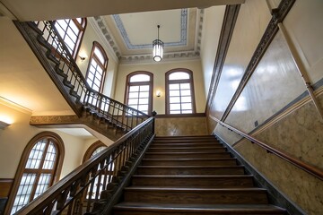 Fototapeta premium Elegant Wooden Staircase in a Historic Building with Ornate Details and Large Windows