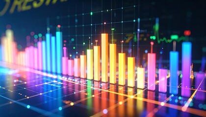 Colorful data charts, vibrant bar graphs on a dark background