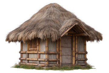 Traditional thatched roof bamboo hut with wooden door isolated on transparent background